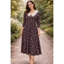 Vintage Prairie Floral Midi Dress Lace Peter Pan Collar Cottagecore Size Medium