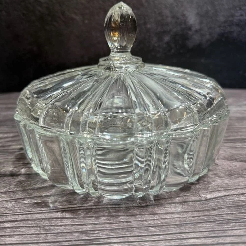 Vintage Anchor Hocking Old Cafe Clear Pressed Glass Lidded Candy Dish