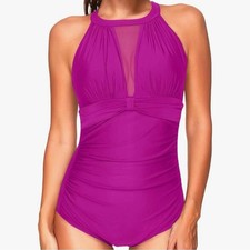 Fuchsia Pink Mesh High Neck One Piece Bathing Suit Women  s Size L Ruched NWOT