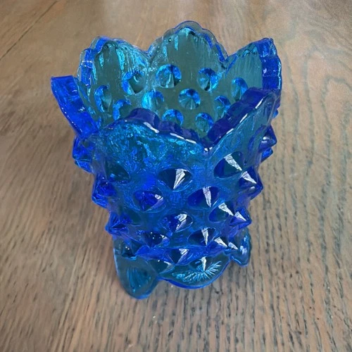 Vintage Fenton Colonial Blue Hobnail Toothpick Holder Votive 3 Footed 2.75" MCM