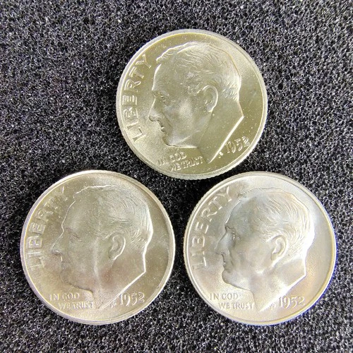 1952-P-D-S Roosevelt Dimes (3 Coins) - 90% Silver - BU Condition - Light Toning