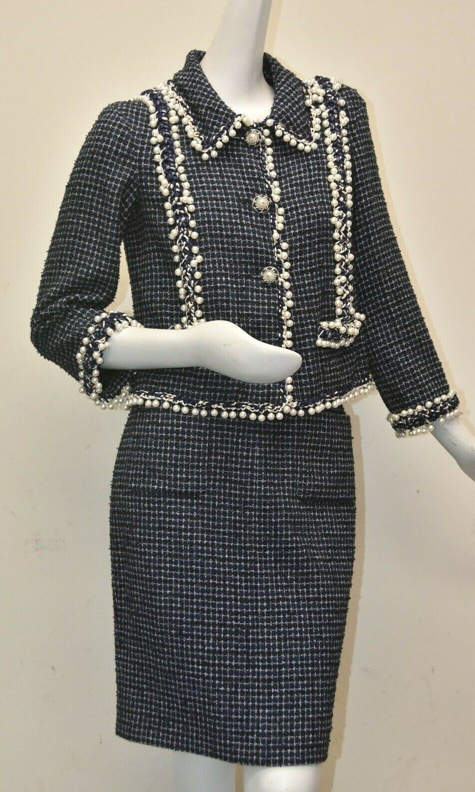 $11890 NEW Chanel SUIT Blue JACKET + SKIRT Blazer Coat CASHMERE Pearl Tweed  38 .