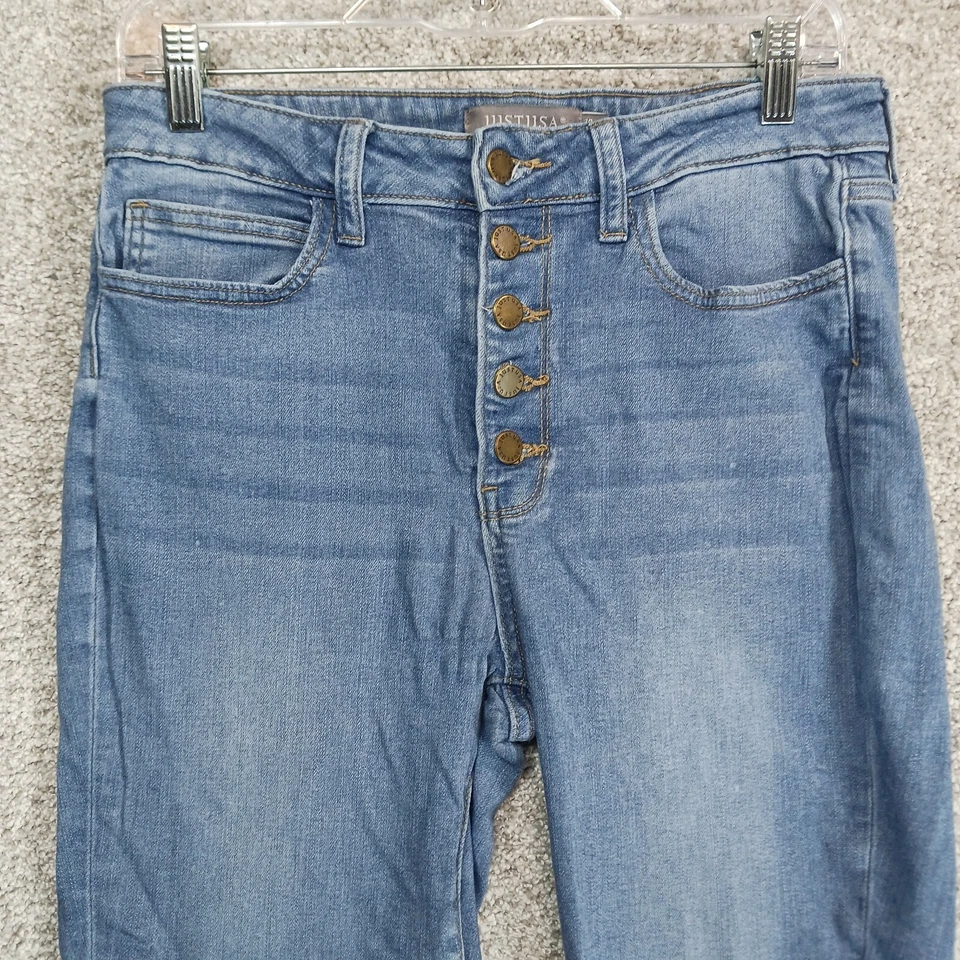 Pantalones de mezclilla Just USA para mujer 30/10 azul ajustados elásticos botones medios dobladillo crudo Foto 2 de 4