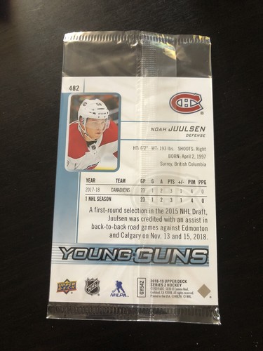 Noah Juulsen 2018-19 Upper Deck NHL Young Guns Oversized Jumbo #482 Canadiens RC - Picture 2 of 2