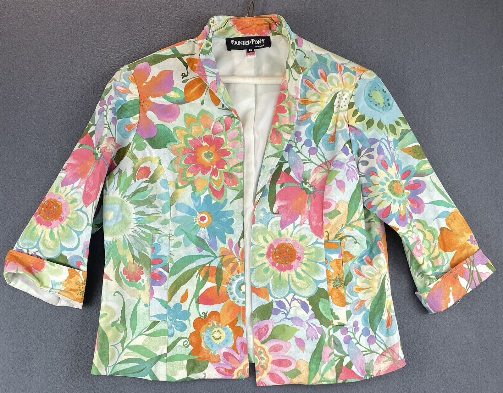Giacca vintage dipinta pony floreale taglia M colorata foderata aperta colletto anteriore elegante usata in ottime condizioni