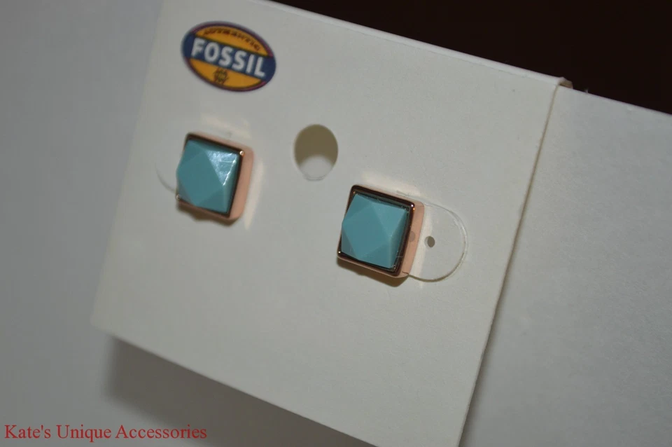 Fossil Brand Square Rose Gold-tone Turquoise Stud Fashion Earrings GIFT IDEA $28 - Image 2 of 3