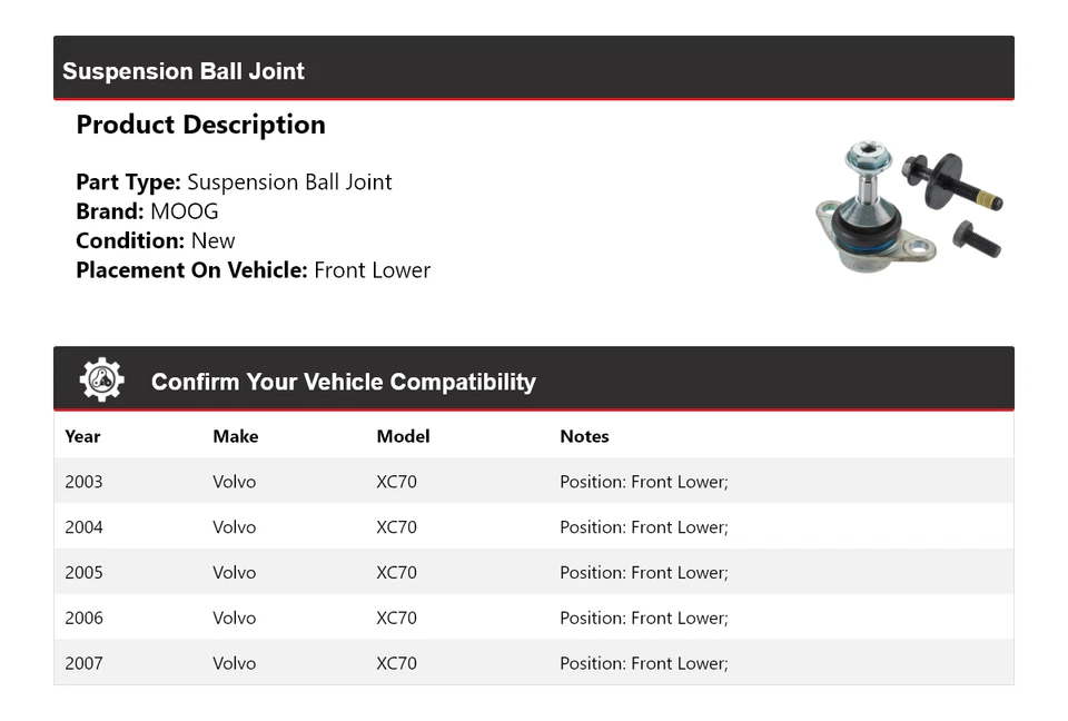 Rótula de suspensión delantera inferior MOOG 2003-2007 Volvo XC70 2003-2007 2003 2004 2005 Foto 2 de 4
