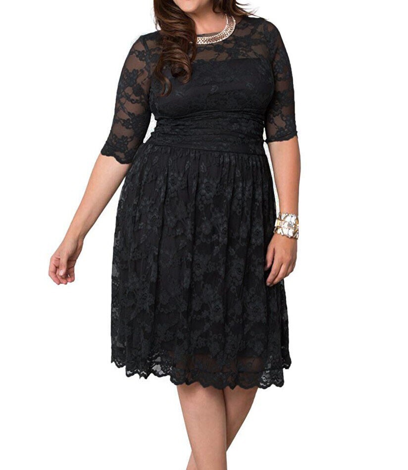 kiyonna black lace dress Kiyonna Women's Scalloped Ruched Elastic Waist Lace Dress, Black, 0X /  10-12 US