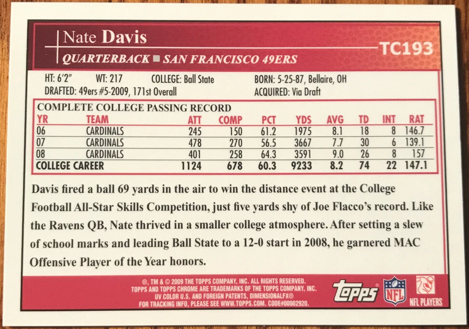 2009 Topps Chrome Rookie Autographs Nate Davis #TC193 San Francisco 49ers - Image 2 of 2