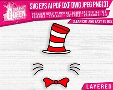 Dr Seuss Cat strip hat layered Cat in the Hat digital file whisker SVG Cricut 