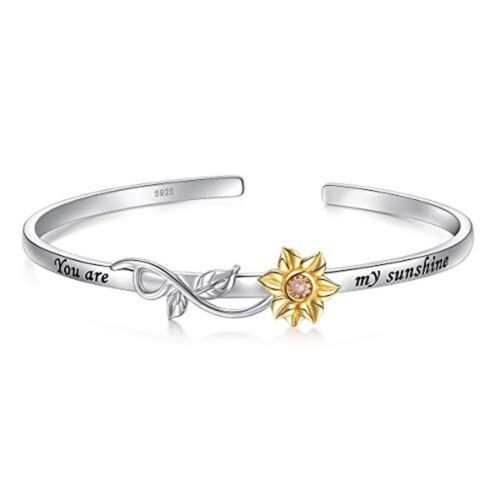 Womens Engraved "You Are My Sunshine"Silver Sunflower With Cz Bracelet Jewelry  - Picture 1 of 6