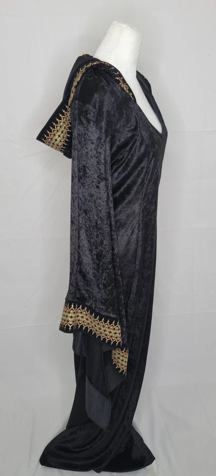 Rubies Black Crush Velvet Hooded Dress Gold & Red Trim Medieval Gothic Cosplay - Image 2 of 4