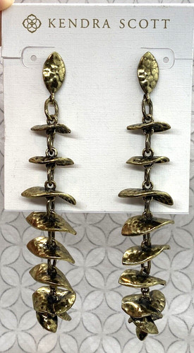 Vintage Kendra Scott Landon Earrings Antique Brass Long Hammered Leaf Drop