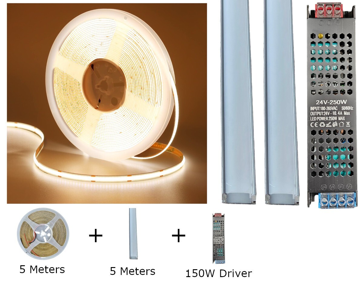5 Meter Aufputz Aluminium Kanalgehäuse mit 5m LED Dotless COB Streifen