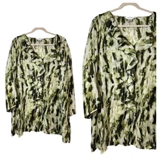 Allison-Taylor Abstract Ruffle Blouse Women’s XL 22x31 Green LS Flowing Chic Top
