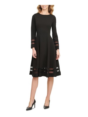 CALVIN KLEIN Womens Black Sheer Mesh Accent Long Sleeve Crew Neck Below The