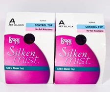 2 L'eggs Silken Mist Control Top No-Roll Silky Sheer Leg Tights JET BLACK Size A