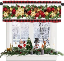 Christmas Valances for Windows, Rod Pocket Floral Patterns Winter Christmas Vala