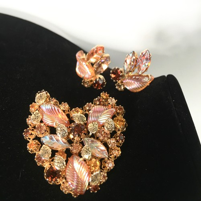 #ad Kramer Austria Vintage Set Brooch Earrings Gold Amber Iridescent Rhinestones $69.74