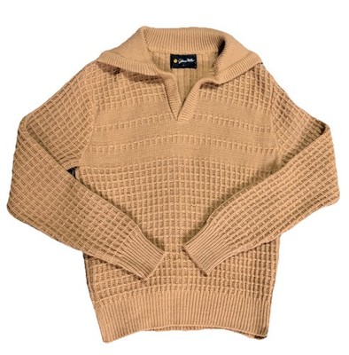 Vintage 70s Johnny Miller Tan Chunky Knit Collared Pullover Sweater Size L Retro