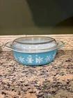 Vintage Pyrex Blue Snowflake 045 MCM Oval Casserole Dish with Lid 2 1/2 qt