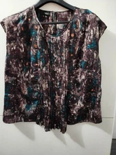 Talbots Top Womens 16W Petite BRN Blouse Sleeveless Pintuck Boxy Wide Arty Boho