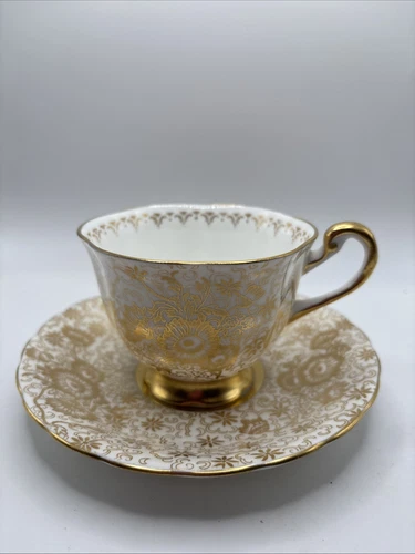 ROYAL CHELSEA Gold And White  Teacup Saucer Set England Fine Bone China