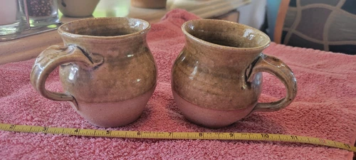 2 cups, mugs. Green  1979 Hand Thrown Glaze Pottery Schraer signed. Tuscadora 