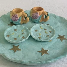 Miniature Tea Set Angels Tea Cups Plates Moon Stars Resin VTG 1995 Young's Inc
