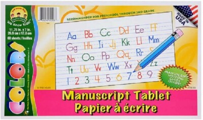 MANUSCRIPT WRITING PAD - 2 Pads 60 pages each w/Writing Guide- PreK - 2nd Grade