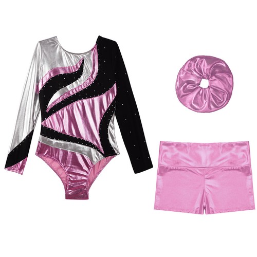 Kids Girls Outfit Metallic Set Rhinestones Dancewear Shiny Round Neckline Dance - Picture 35 of 53