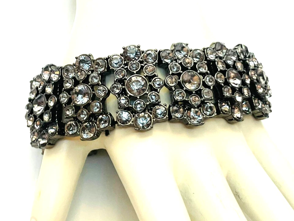VTG Sparkling Rhinestones Smoky Grey Stretch Bracelet Art Deco Style Runway 7.5" - Image 3 of 4