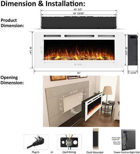 50 Inches Recessed Electric Fireplace, Log Set & Crystal, 1500W Heater - Picture 20 of 22