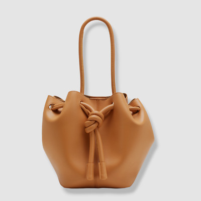 $645 Nanushka Women's Brown Vegan Leather Elongated Shoulder Strap Bucket Bag
