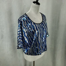 Sans Souci Womens M Blue Black Sequin Zebra Print Cropped Club Shirt Clubwear