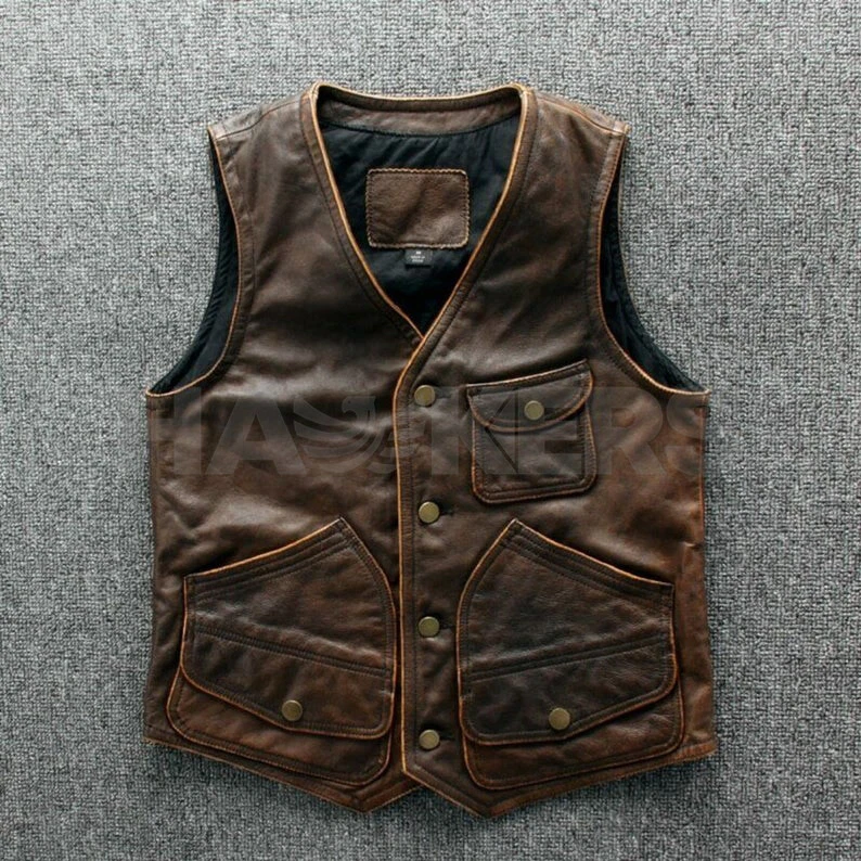 Men's Real Cowhide Leather Vest , motorcycle Distressed Biker Cow Boy Vest .