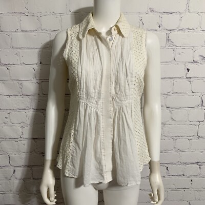 Tory Burch Women s Blouse 4 Beige White Lace Eyelet Pleated Collared Button S/L 
