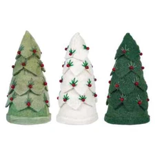 Layered Fabric White & Green Beaded Trees Set/3