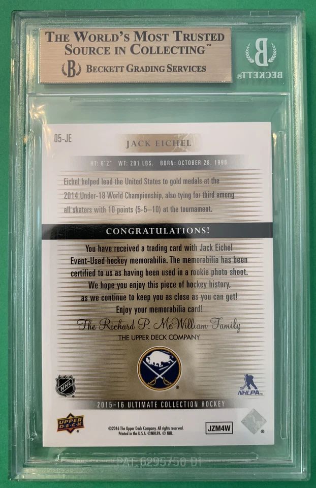 JACK EICHEL BGS 9.5 2015 UPPER DECK ULTIMATE SPECTRUM SILVER ROOKIE RC #/99 - Image 2 of 4