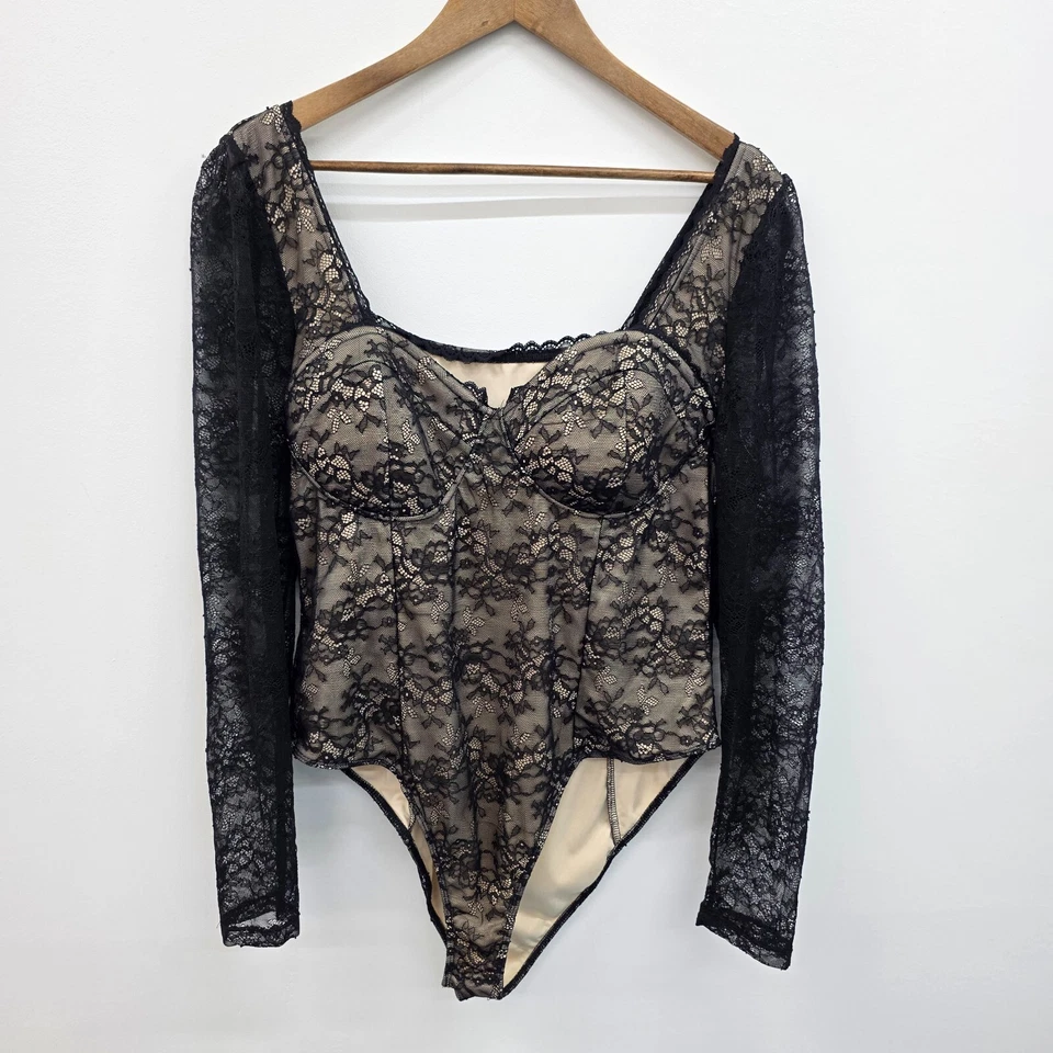 Body negro de malla de encaje manga larga para mujer talla 2XL elegante lencería gótica Foto 2 de 4