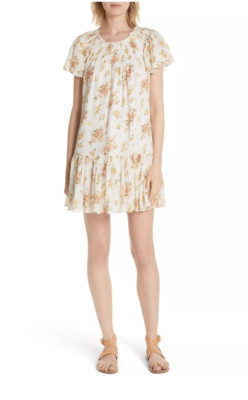 La Vie REBECCA TAYLOR Milk White Floral Metallic Madeleine Drop Waist Dress M