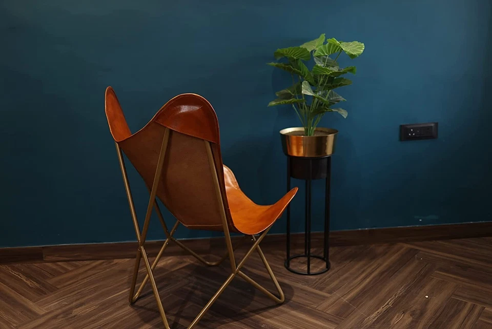 Chaise Papillon En Cuir Marron Décor Maison Rétro Industriel - Photo 3/4