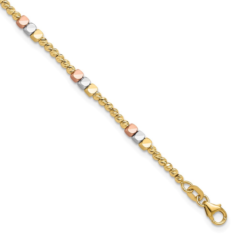 10K Tri-Color Gold Diamond-Cut Beaded Bracelet 7.5 Inch 3.42g