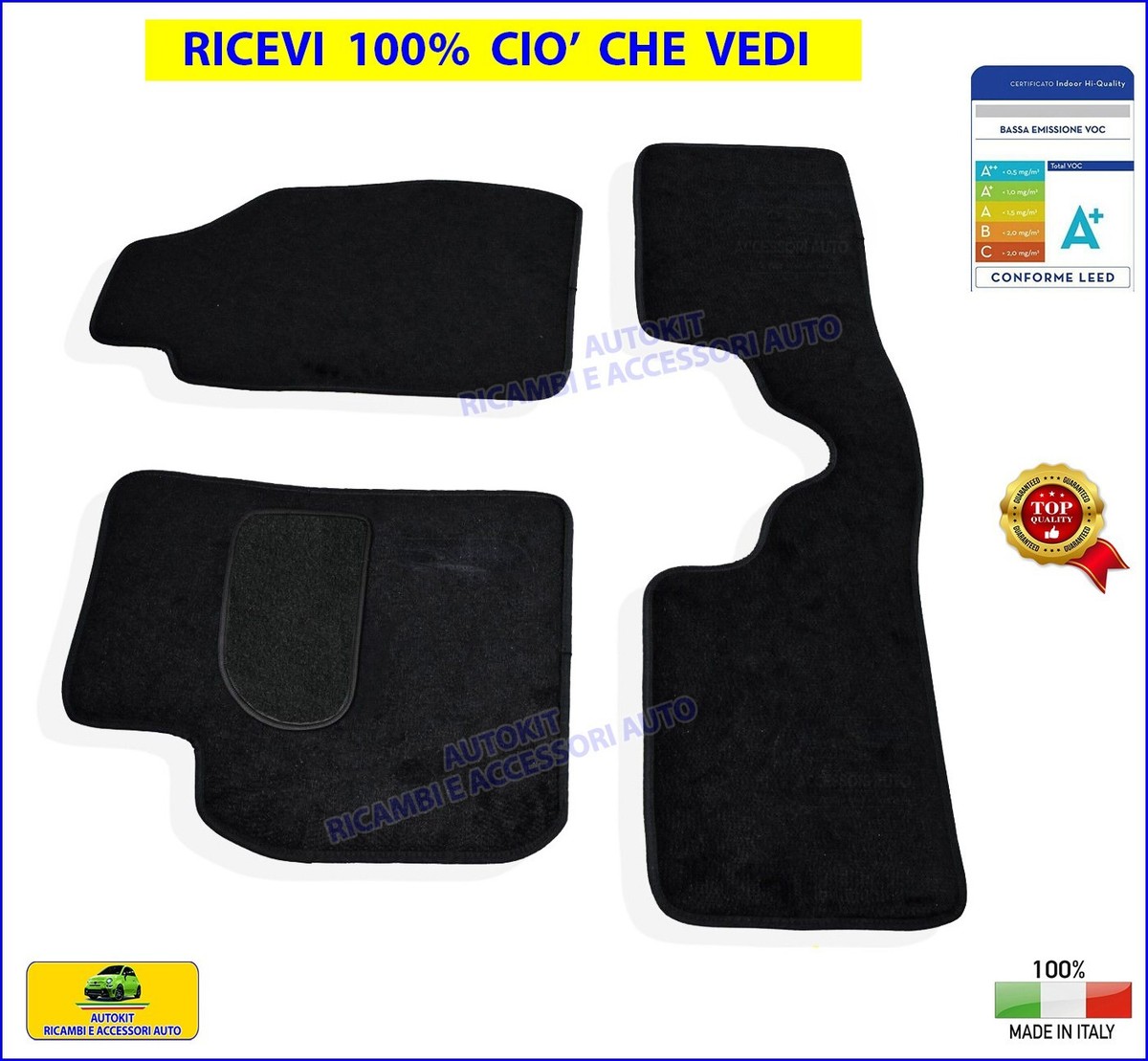 Tappetino Auto Panda 169 (2003-2011) - Moquette Nera Con Bordino, Antiscivolo, Lato Guida