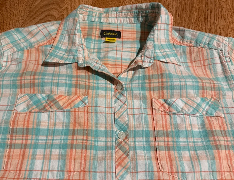 Camisa Cabela's para mujer talla 2XL verde azulado/rosa a cuadros manga corta bolsillos abotonados Foto 4 de 4