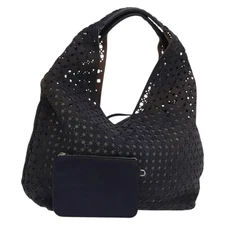 LOEWE Anagram Punching Shoulder Bag Leather Navy Metallic Silver Auth yk19288