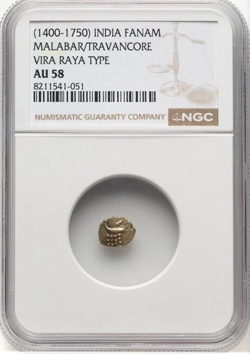 India Malabar/Travancore Fanam (1400-1750) Vira Raya Type NGC AU 58