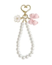 Strawberry Imitation Pearl Wristlet Keychain, Cute Cherry Bag Charm Pink Bow