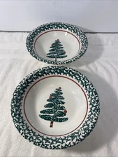 2 Country Christmas La Primula Furio Soup Bowls green sponge wear design 8 inch