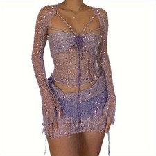 3 Pcs Set Sequin Jacket Bra Crop Top  High Waist Wide Leg Pants Festival Outfit